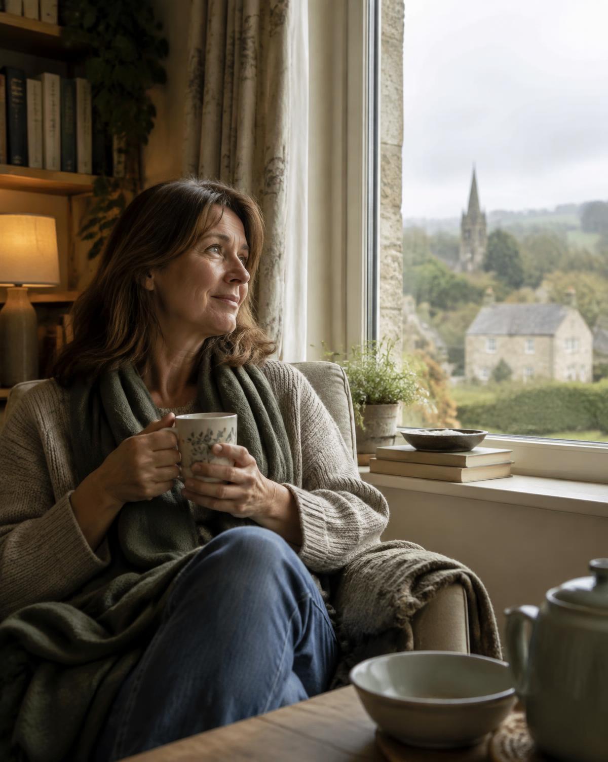 A woman relaxing at home by a window with a cup of tea
