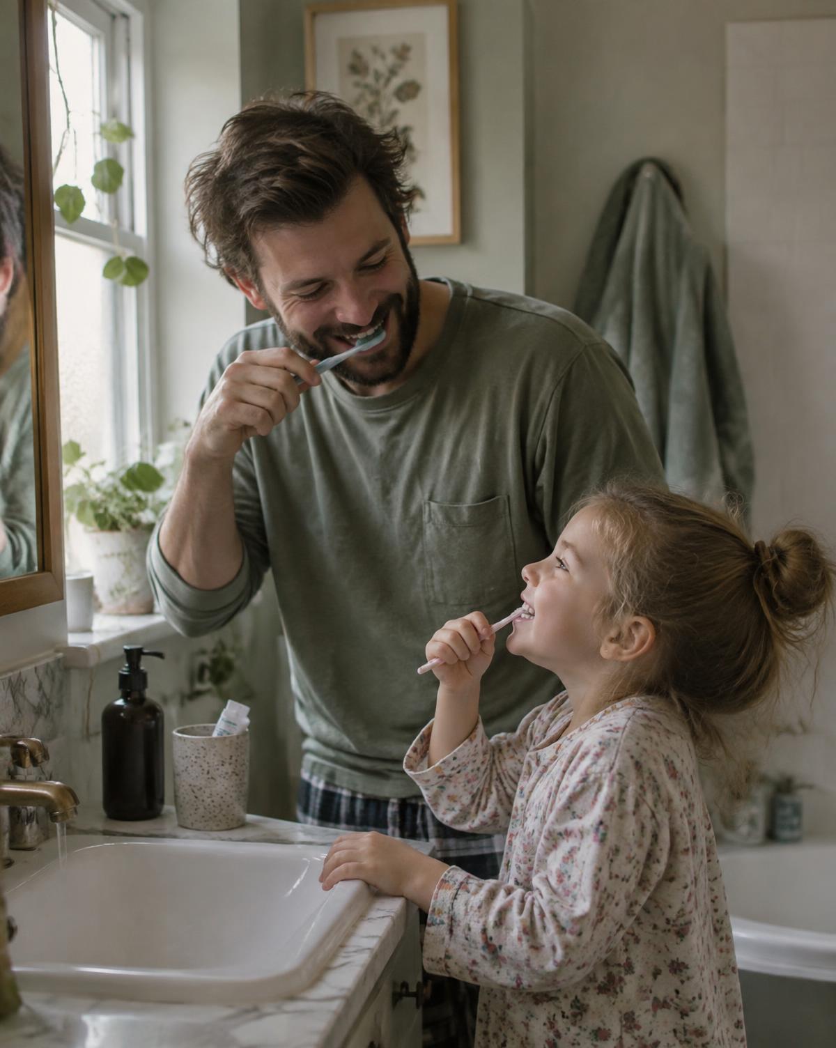 A father and young daughter brushing their teeth together at home